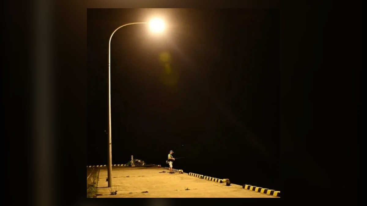 Night pier under a street light for winter aji fishing